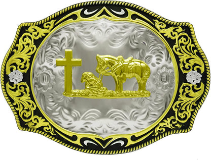 Moranse Religion Cross Cowboy Kneeling Prayer and Horse Design Belt Buckles Apparel & Accessories > Clothing Accessories > Belt Buckles Moranse Pattern Goldren 2  