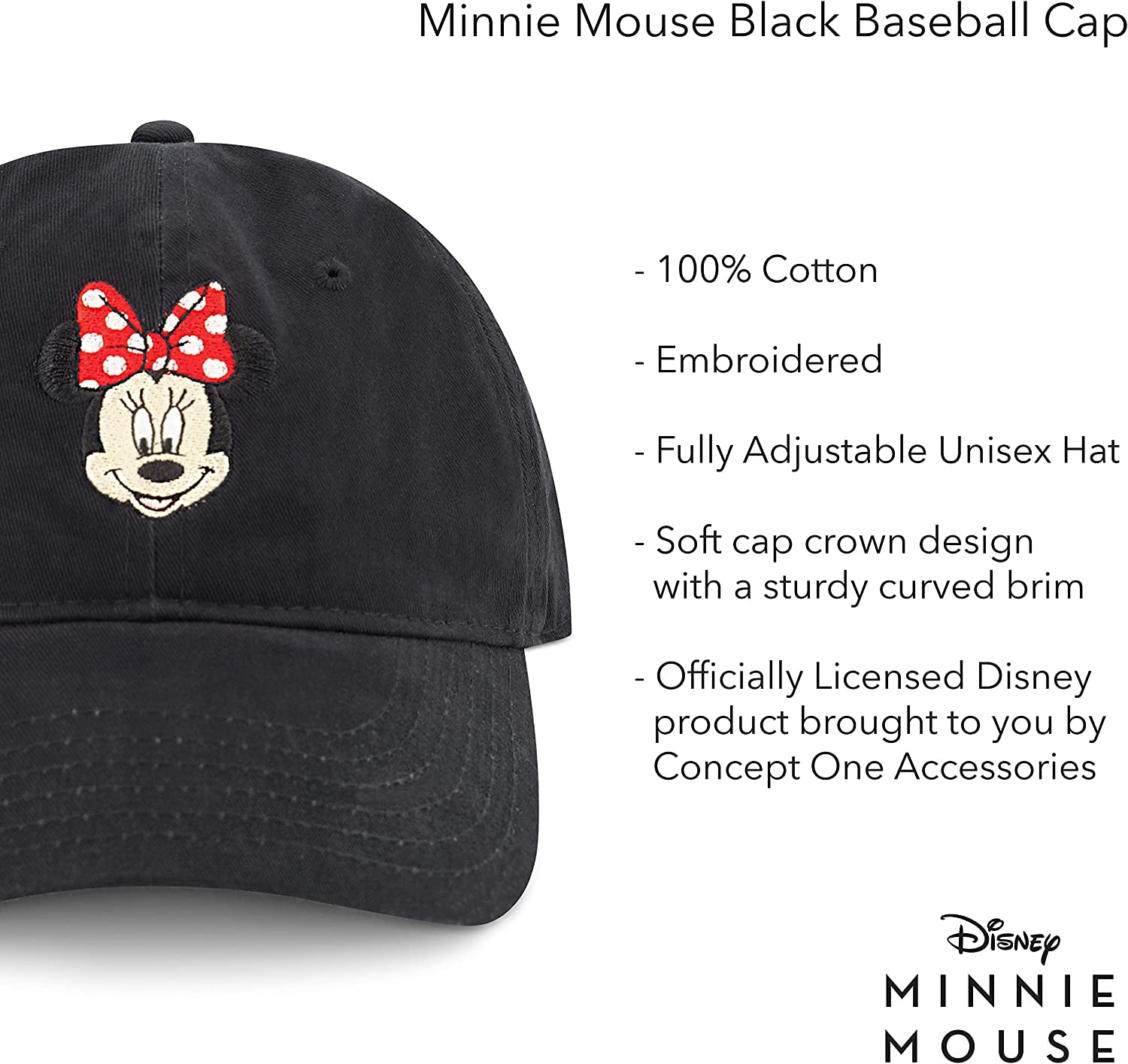 Concept One Women'S Disney'S Minnie Mouse Bows Embroidered Cotton Adjustable Dad Hat with Curved Brim Apparel & Accessories > Clothing Accessories > Hats Concept One   
