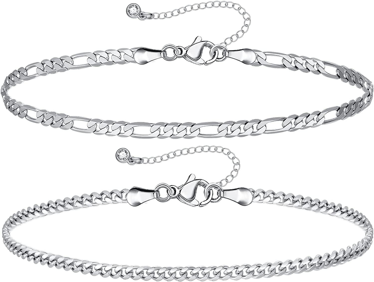 Kissyan Gold Layered Ankle Bracelets for Women, Dainty 14K Gold Plated Layering Anklets Set Adjustable Fashion Cuban Link Snake Tennis Chain Ankles Summer Beach Foot Jewelry Gifts for Women Girls Apparel & Accessories > Jewelry > Anklets KissYan B-Silver  
