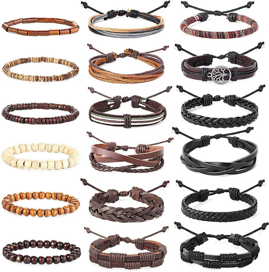 Hanpabum 18Pcs Braided Leather Bracelets for Men Women Woven Cuff Wrap Bracelet Wood Beads Ethnic Tribal Bracelets Adjustable Apparel & Accessories > Jewelry > Bracelets HANPABUM A  
