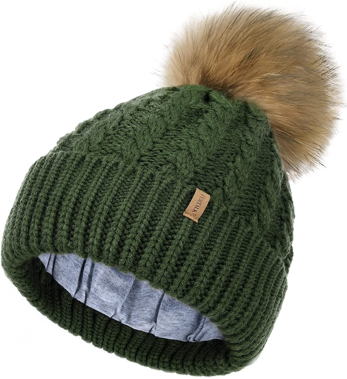 FURTALK Winter Beanie Hat for Women Cotton Lined Faux Fur Pom Pom Hats Womens Warm Thick Knit Skull Cap Apparel & Accessories > Clothing Accessories > Hats KYLIE MAX 12 Green One Size 
