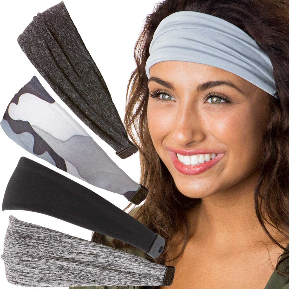 Hipsy Adjustable & Stretchy Printed Xflex Wide Headbands for Women Girls & Teens Apparel & Accessories > Clothing Accessories > Bandanas & Headties Hipsy Grey/Black/Grey Camo/Charcoal/Light Grey Xflex 5pk  