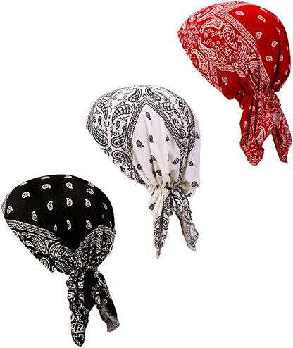 Pre Tied Chemo Head Scarf 3 Packed Beanie Skull Cover Cap for Women (Set6-Long Style) Apparel & Accessories > Clothing Accessories > Bandanas & Headties Qovelly A5-paisley-3 Packed  