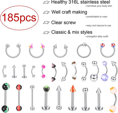 Ubjuliwa 148Pcs - 185Pcs Body Piercing Jewelry for All Piercings, Tongue Nipple Rings Eyebrow Lip Belly Button Barbell Nose Piercing Tragus Navel Body Jewelry for Women Piercings 14G-18G Apparel & Accessories > Jewelry > Body Jewelry Ubjuliwa   