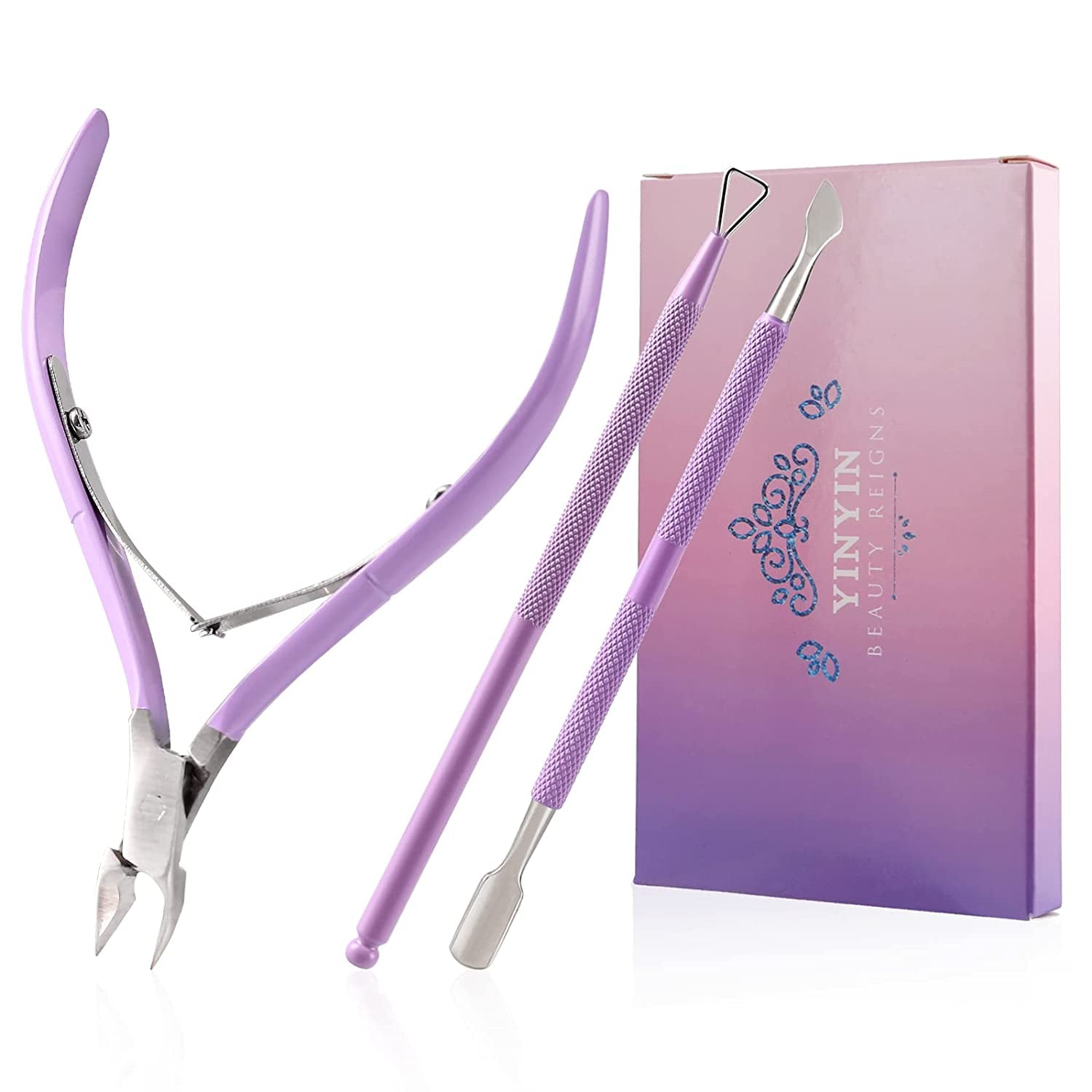 Cuticle Trimmer with Cuticle Pusher -YINYIN Cuticle Remover Cuticle Nippers Professional Stainless Steel Cuticle Pusher and Cutter Clippers Durable Pedicure Manicure Tools for Fingernails and Toenails Health & Beauty > Personal Care > Cosmetics > Cosmetic Tools > Nail Tools YINYIN Purple  