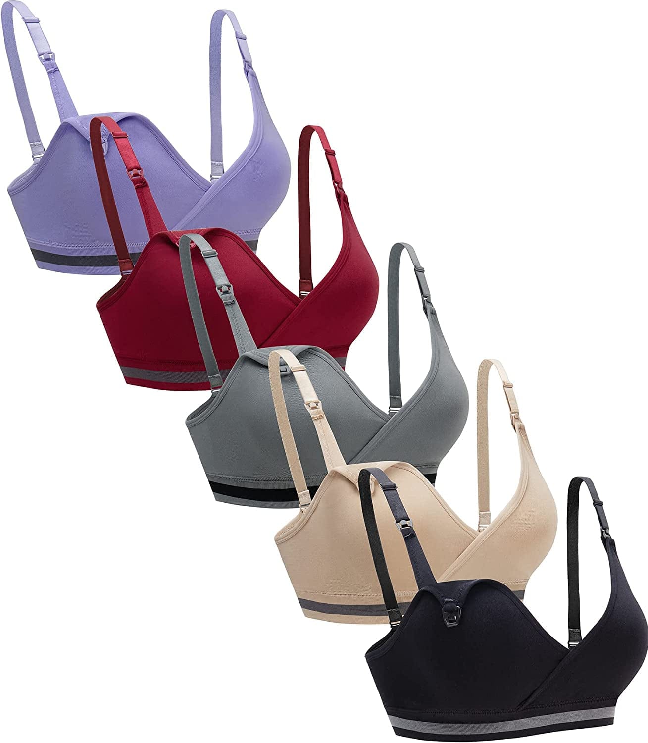 5Pack Nursing Bra Deep V Neck for Breastfeeding,Maternity Sleeping Wirefree Push up Nursing Bra Black/Beige/Gray/Lightpurple/Burgundy / X-Large