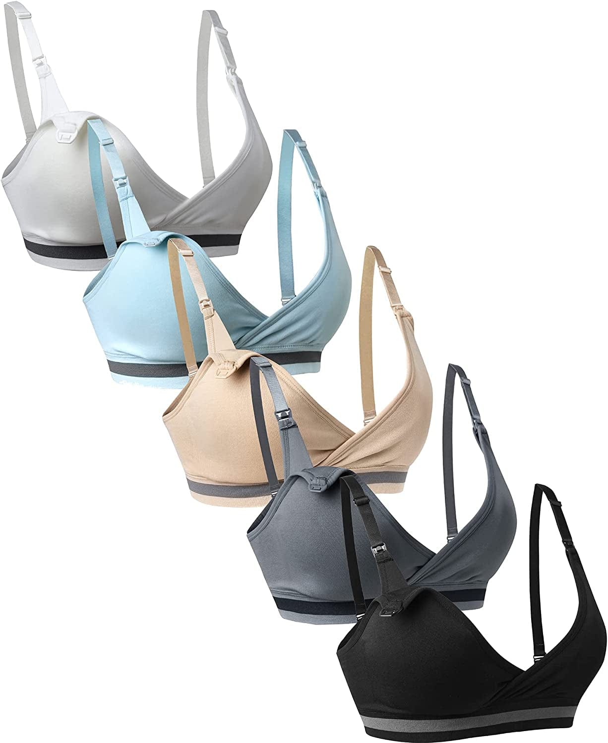 5Pack Nursing Bra Deep V Neck for Breastfeeding,Maternity Sleeping Wirefree Push up Nursing Bra Black/Beige/White/Lightblue/Gray / Large