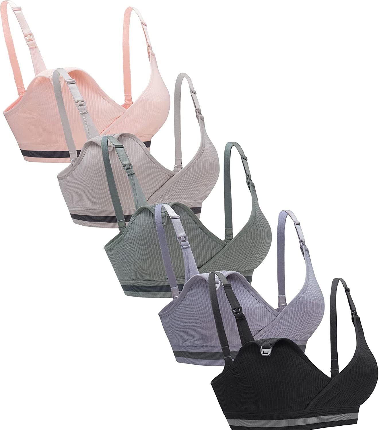5Pack Nursing Bra Deep V Neck for Breastfeeding,Maternity Sleeping Wirefree Push up Nursing Bra Rib-a / Large