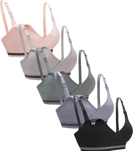 5Pack Nursing Bra Deep V Neck for Breastfeeding,Maternity Sleeping Wirefree Push up Nursing Bra Rib-a / Large