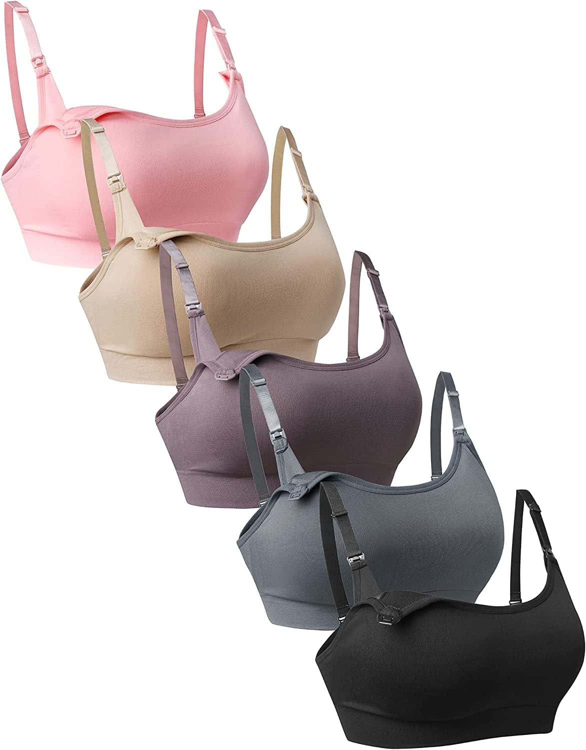 5Pack Nursing Bra Full Coverage for Breastfeeding,Maternity Sleeping Wirefree Push up Nursing Bra Black/Beige/Pink/Gray/Bean / Medium