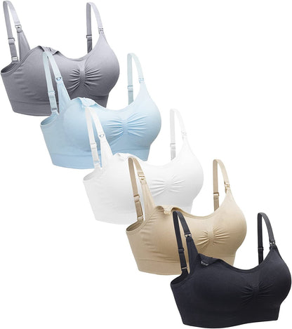 5PACK Nursing Bra Wireless Bra Women'S Sleeping Maternity Bra Breastfeeding Bra Black/Nude/Gray/White/Lightblue / Large