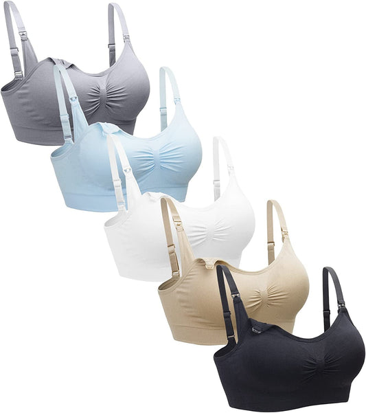 5PACK Nursing Bra Wireless Bra Women'S Sleeping Maternity Bra Breastfeeding Bra Black/Nude/Gray/White/Lightblue / Large