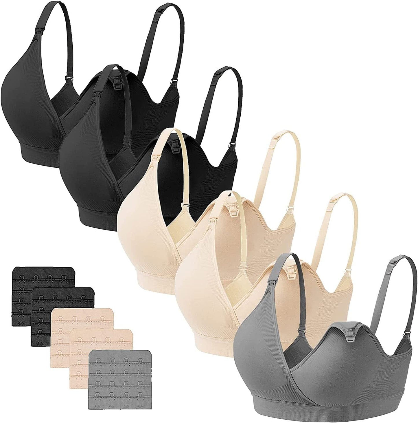 5PACK V Neck Nursing Bras Seamless Maternity Bras with Extra Bra Extenders for Sleep Breastfeeding 5pack (2 X Black/2 X Nude/1 X Gray) / XX-Large