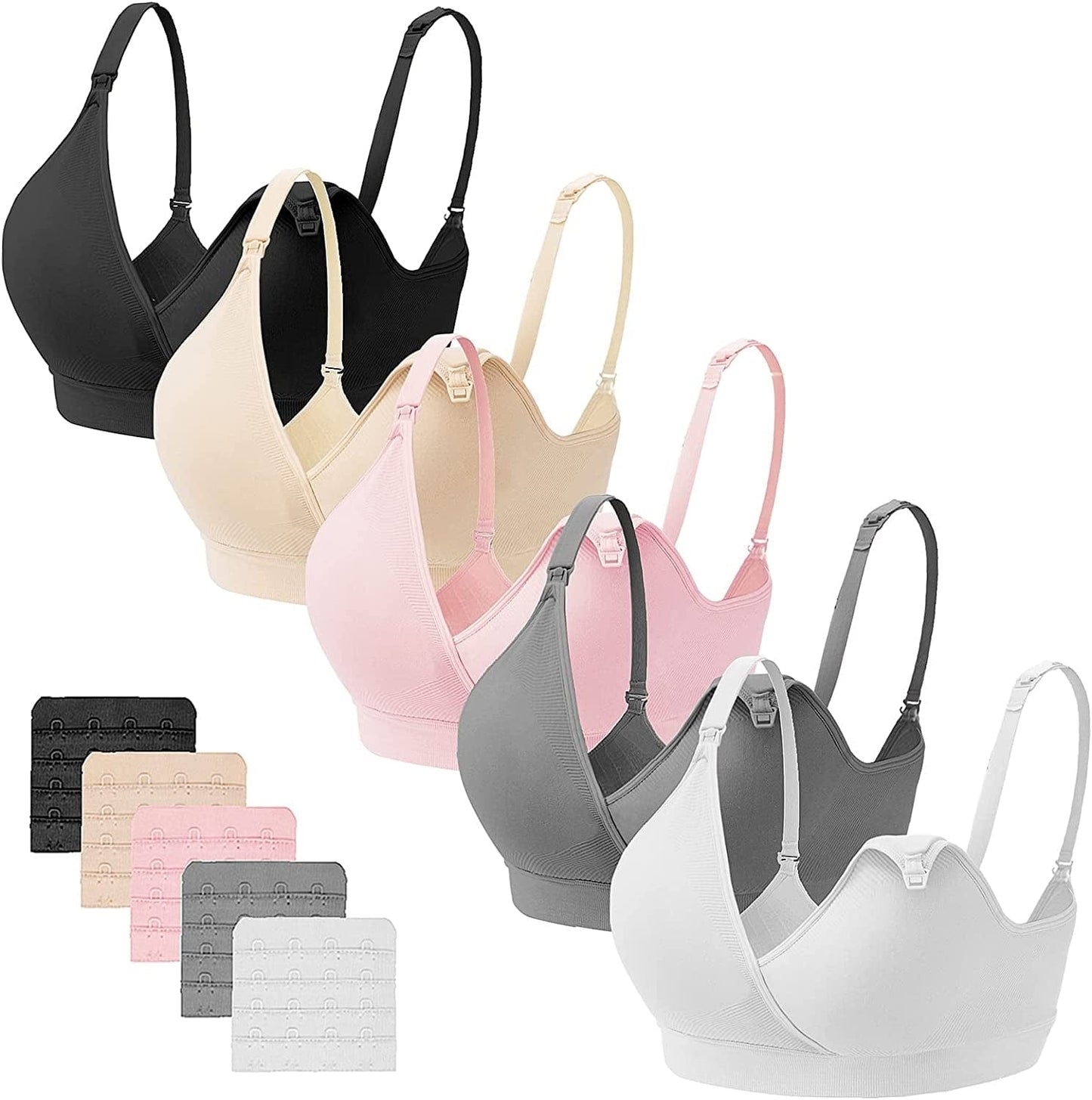 5PACK V Neck Nursing Bras Seamless Maternity Bras with Extra Bra Extenders for Sleep Breastfeeding 5pack (Black/Nude/Gray/Pink/White) / Large