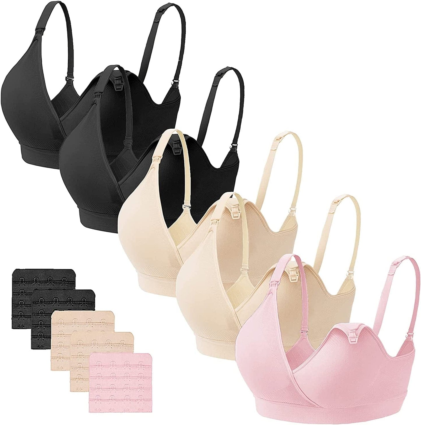 5PACK V Neck Nursing Bras Seamless Maternity Bras with Extra Bra Extenders for Sleep Breastfeeding 5pack (2 X Black/2 X Nude/1 X Pink) / Large