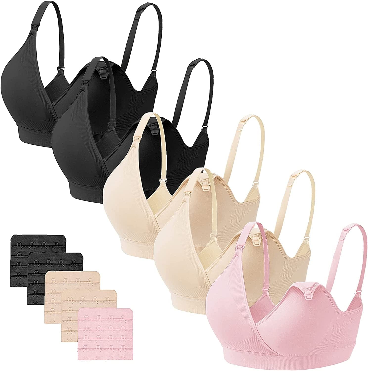 5PACK V Neck Nursing Bras Seamless Maternity Bras with Extra Bra Extenders for Sleep Breastfeeding 5pack (2 X Black/2 X Nude/1 X Pink) / Large