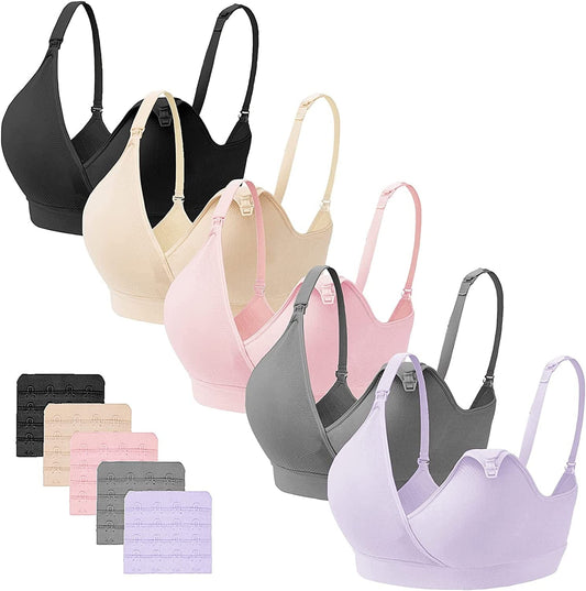 5PACK V Neck Nursing Bras Seamless Maternity Bras with Extra Bra Extenders for Sleep Breastfeeding 5pack (Black/Nude/Gray/Pink/Purple) / XX-Large