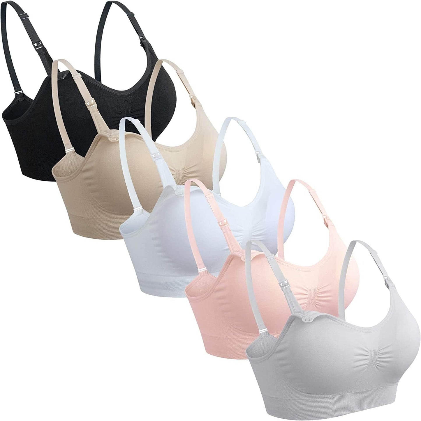 5Pack Womens Seamless Clip down Maternity and Nursing Bra Push up Sleeping Bralette for Breastfeeding Underwear 5pcs (Black Beige White Grey Pink) / Large