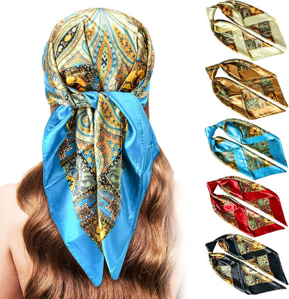 5PCS Large Satin Head Scarves - Silk Square like Neck Scarf Hair Wraps Headscarf for Sleeping Head Scarf Bundle 35 Inch Apparel & Accessories > Clothing Accessories > Bandanas & Headties Stlvoll Beige + Gold + Blue + Red + Black  