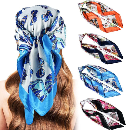 5PCS Large Satin Head Scarves - Silk Square like Neck Scarf Hair Wraps Headscarf for Sleeping Head Scarf Bundle 35 Inch Apparel & Accessories > Clothing Accessories > Bandanas & Headties Stlvoll Butterfly (Navy Blue+blue+red+black)  