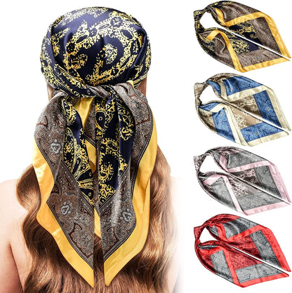 5PCS Large Satin Head Scarves - Silk Square like Neck Scarf Hair Wraps Headscarf for Sleeping Head Scarf Bundle 35 Inch Apparel & Accessories > Clothing Accessories > Bandanas & Headties Stlvoll Cashew(navy+grey+red+purple）  
