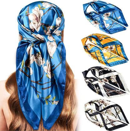 5PCS Large Satin Head Scarves - Silk Square like Neck Scarf Hair Wraps Headscarf for Sleeping Head Scarf Bundle 35 Inch Apparel & Accessories > Clothing Accessories > Bandanas & Headties Stlvoll Yellow+blue+black+white  