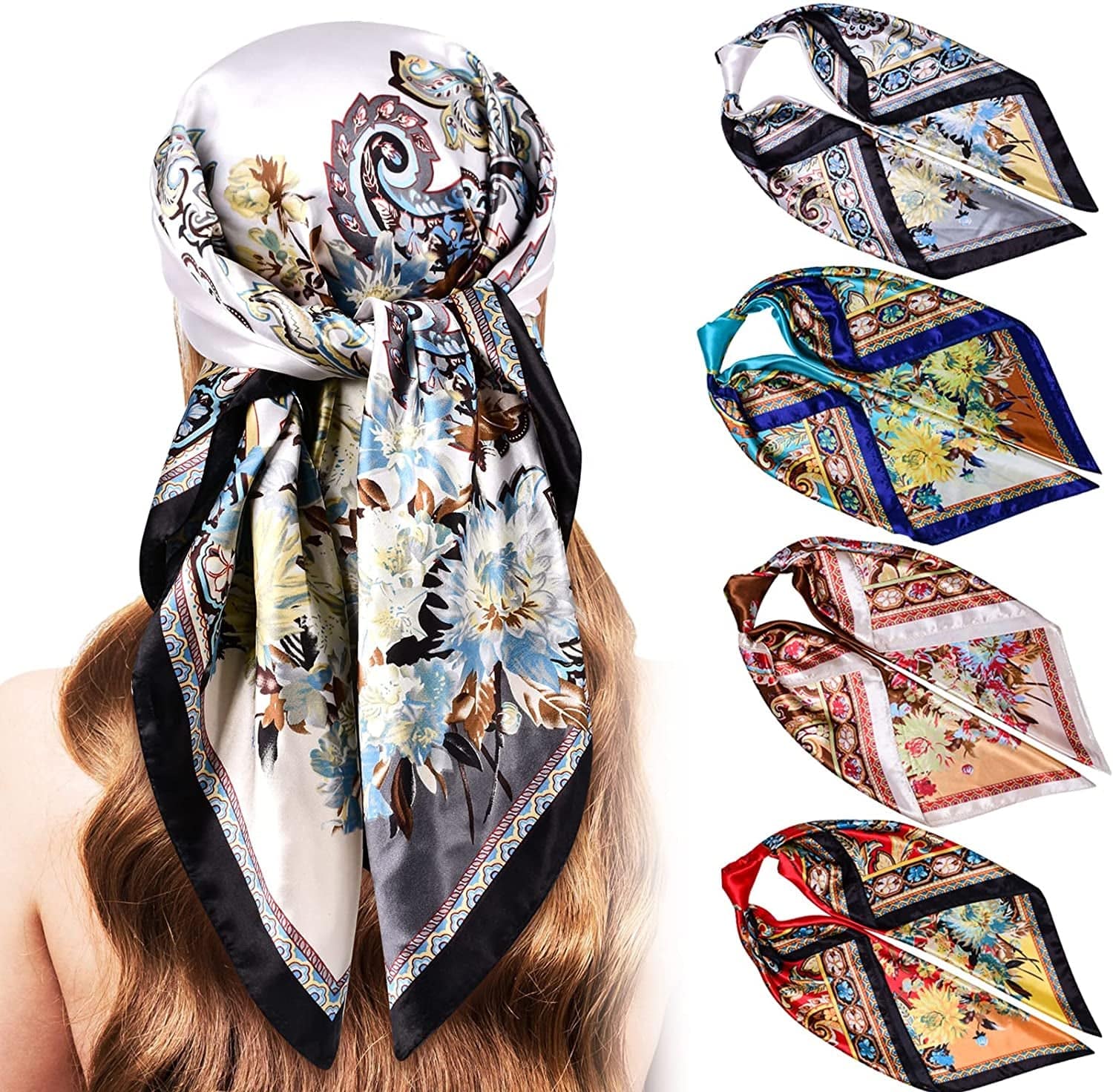 5PCS Large Satin Head Scarves - Silk Square like Neck Scarf Hair Wraps Headscarf for Sleeping Head Scarf Bundle 35 Inch Apparel & Accessories > Clothing Accessories > Bandanas & Headties Stlvoll Coffee+red+beige+cyan  