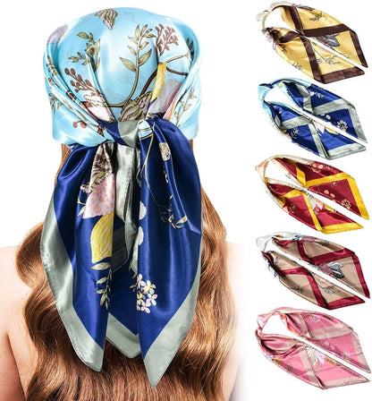 5PCS Large Satin Head Scarves - Silk Square like Neck Scarf Hair Wraps Headscarf for Sleeping Head Scarf Bundle 35 Inch Apparel & Accessories > Clothing Accessories > Bandanas & Headties Stlvoll Yellow+beige+navy+pink+red  