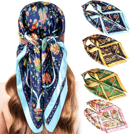 5PCS Large Satin Head Scarves - Silk Square like Neck Scarf Hair Wraps Headscarf for Sleeping Head Scarf Bundle 35 Inch Apparel & Accessories > Clothing Accessories > Bandanas & Headties Stlvoll Blue+pink+black+green  