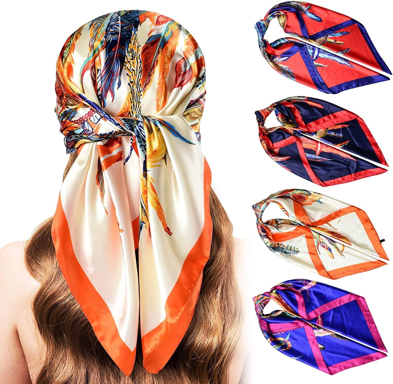5PCS Large Satin Head Scarves - Silk Square like Neck Scarf Hair Wraps Headscarf for Sleeping Head Scarf Bundle 35 Inch Apparel & Accessories > Clothing Accessories > Bandanas & Headties Stlvoll Red+blue+black+beige  