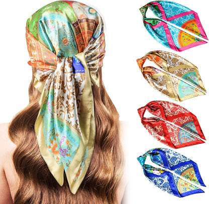 5PCS Large Satin Head Scarves - Silk Square like Neck Scarf Hair Wraps Headscarf for Sleeping Head Scarf Bundle 35 Inch Apparel & Accessories > Clothing Accessories > Bandanas & Headties Stlvoll Pink+gold+red+blue  