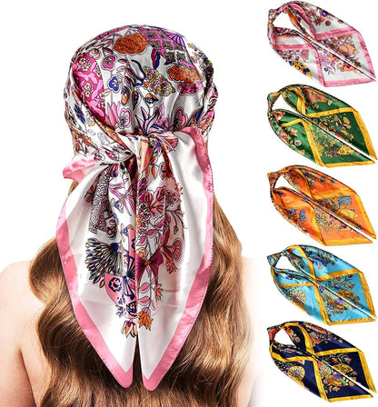 5PCS Large Satin Head Scarves - Silk Square like Neck Scarf Hair Wraps Headscarf for Sleeping Head Scarf Bundle 35 Inch Apparel & Accessories > Clothing Accessories > Bandanas & Headties Stlvoll Pink + Orange + Green + Cyan + Navy Blue  