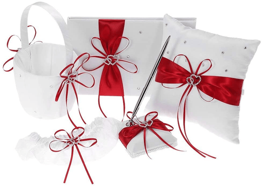 5Pcs/Set Wedding Supplies Double Heart Satin Flower Girl Basket + 7 7 Inches Ring Bearer Pillow + Guest Book + Pen Holder + Bride Garter Set (Red) Apparel & Accessories > Clothing > Underwear & Socks > Lingerie Decdeal Red  