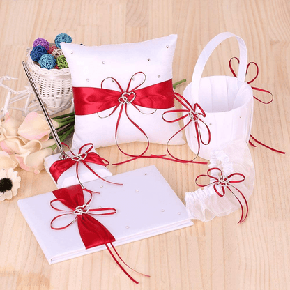 5Pcs/Set Wedding Supplies Double Heart Satin Flower Girl Basket + 7 7 Inches Ring Bearer Pillow + Guest Book + Pen Holder + Bride Garter Set (Red) Apparel & Accessories > Clothing > Underwear & Socks > Lingerie Decdeal   