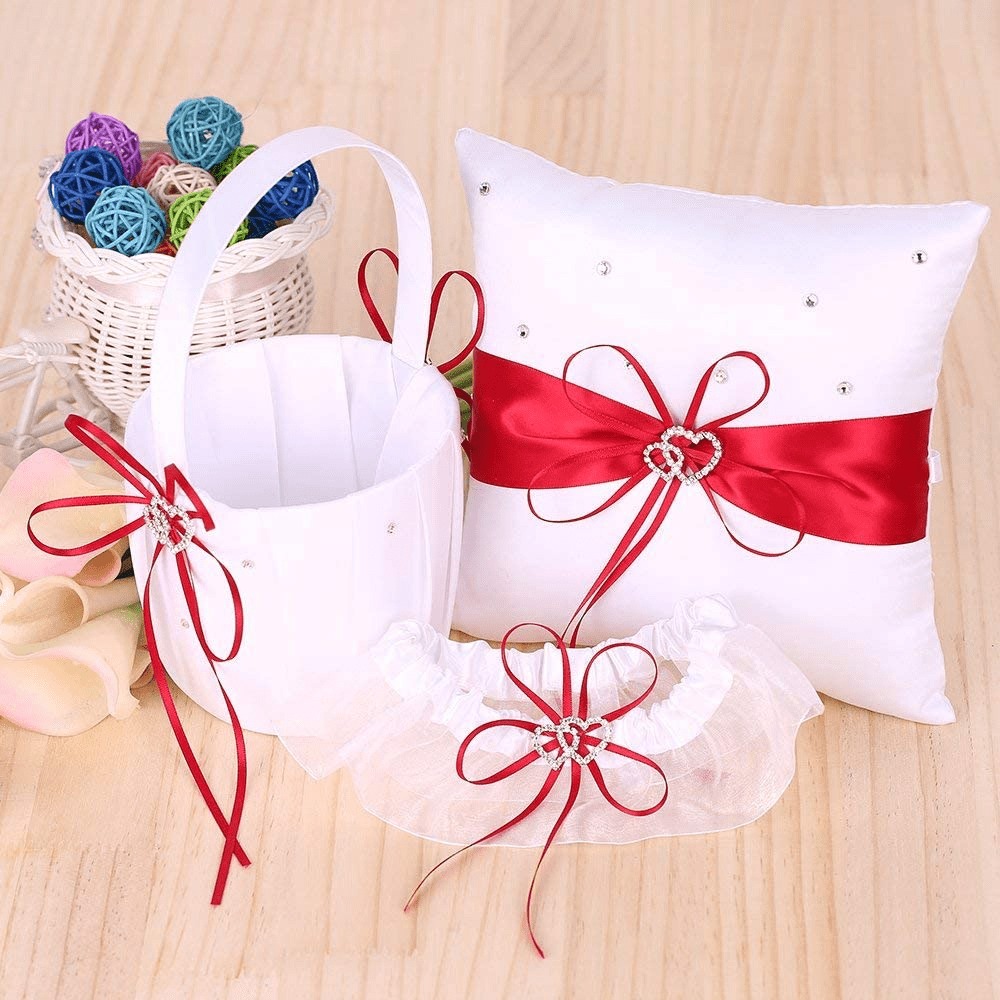5Pcs/Set Wedding Supplies Double Heart Satin Flower Girl Basket + 7 7 Inches Ring Bearer Pillow + Guest Book + Pen Holder + Bride Garter Set (Red) Apparel & Accessories > Clothing > Underwear & Socks > Lingerie Decdeal   