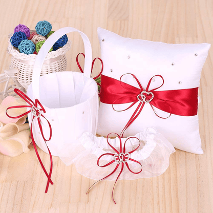 5Pcs/Set Wedding Supplies Double Heart Satin Flower Girl Basket + 7 7 Inches Ring Bearer Pillow + Guest Book + Pen Holder + Bride Garter Set (Red) Apparel & Accessories > Clothing > Underwear & Socks > Lingerie Decdeal   