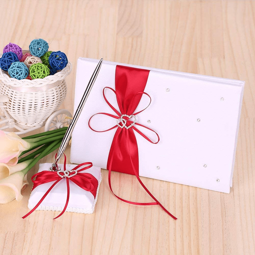5Pcs/Set Wedding Supplies Double Heart Satin Flower Girl Basket + 7 7 Inches Ring Bearer Pillow + Guest Book + Pen Holder + Bride Garter Set (Red) Apparel & Accessories > Clothing > Underwear & Socks > Lingerie Decdeal   