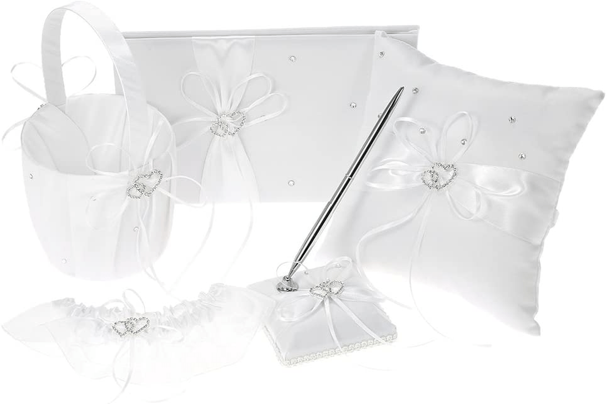 5Pcs/Set Wedding Supplies Double Heart Satin Flower Girl Basket + 7 7 Inches Ring Bearer Pillow + Guest Book + Pen Holder + Bride Garter Set (Red) Apparel & Accessories > Clothing > Underwear & Socks > Lingerie Decdeal White  