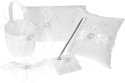 5Pcs/Set Wedding Supplies Double Heart Satin Flower Girl Basket + 7 7 Inches Ring Bearer Pillow + Guest Book + Pen Holder + Bride Garter Set (Red) Apparel & Accessories > Clothing > Underwear & Socks > Lingerie Decdeal White  