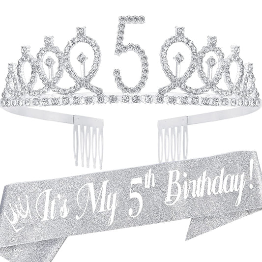 5Th Birthday Sash and Tiara for Girls - Fabulous Glitter Sash + Loops Rhinestone Silver Premium Metal Tiara for Girls, 5Th Birthday Gifts for Princess Party Apparel & Accessories > Clothing Accessories > Sashes EBE EmmasbyEmma   