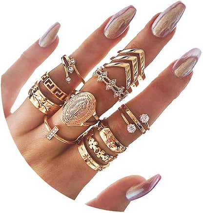 6-16 PCS Knuckle Stacking Rings for Women Teen Girls,Boho Vintage Finger Rings Stackable Gold Silver Midi Rings Set Multiple Rings Pack Size 5-10 C