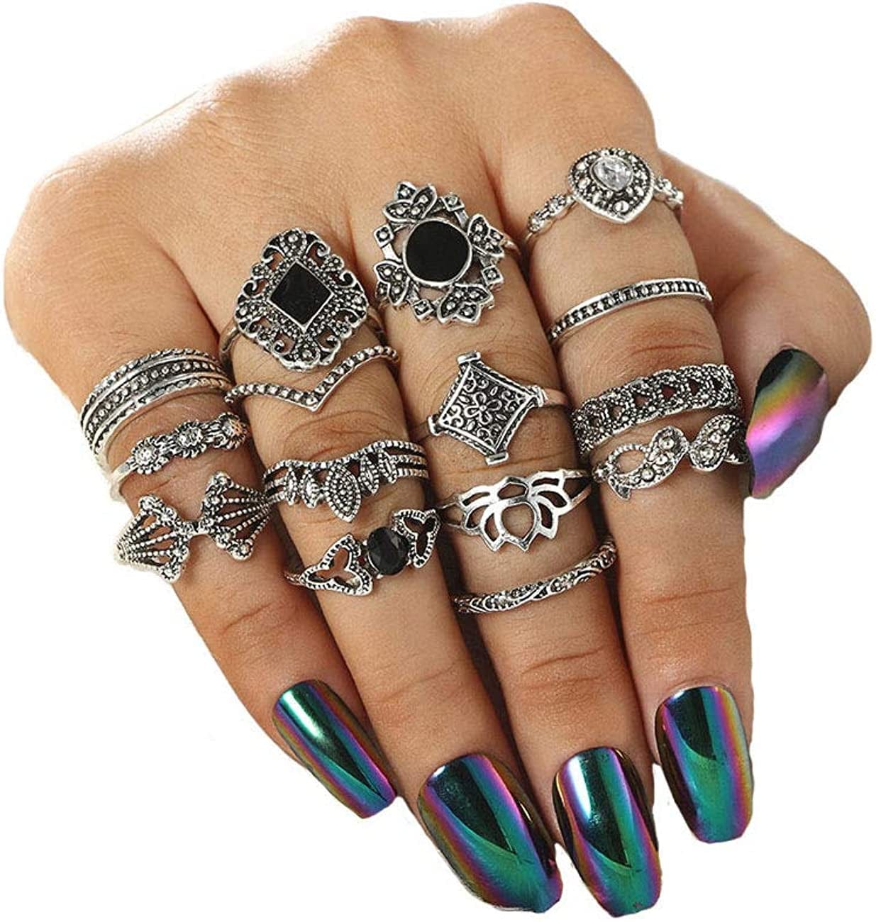 6-16 PCS Knuckle Stacking Rings for Women Teen Girls,Boho Vintage Finger Rings Stackable Gold Silver Midi Rings Set Multiple Rings Pack Size 5-10 F