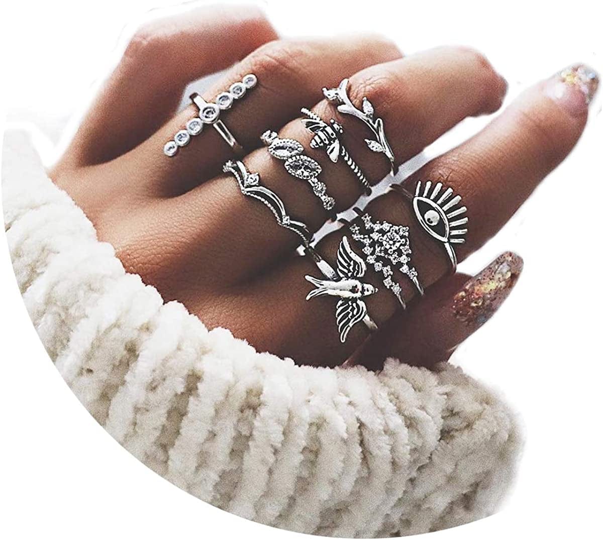 6-16 PCS Knuckle Stacking Rings for Women Teen Girls,Boho Vintage Finger Rings Stackable Gold Silver Midi Rings Set Multiple Rings Pack Size 5-10 E