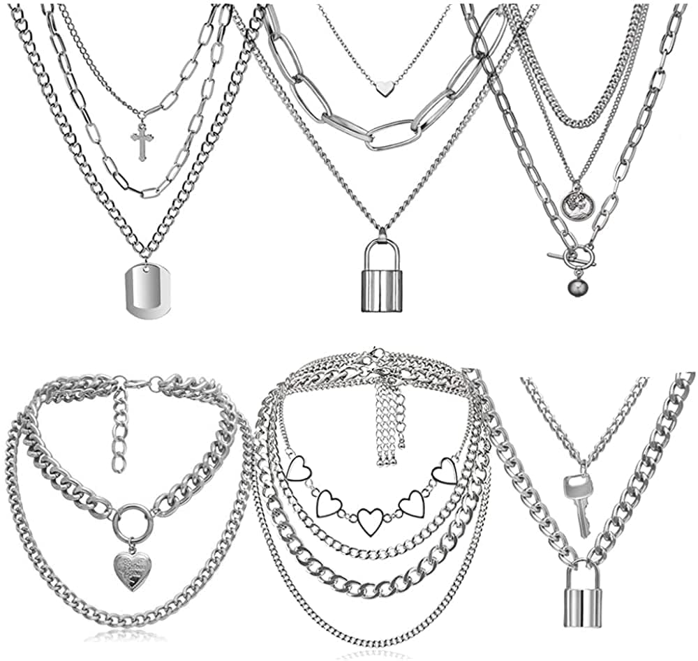 6-9 PCS Chain Necklace Egirl Men Male Emo Goth Chains Statement Lock Key 1-4 Layered Pendants Necklace for Women Teen Girls Boys Eboy Long Multilayer Chains Punk Choker Silver and Gold Set 1