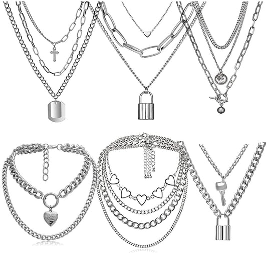 6-9 PCS Chain Necklace Egirl Men Male Emo Goth Chains Statement Lock Key 1-4 Layered Pendants Necklace for Women Teen Girls Boys Eboy Long Multilayer Chains Punk Choker Silver and Gold Set 1