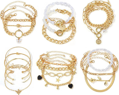 6 PACK (24 PCS) Boho Gold Chain Bracelets Set for Women Girls, 14K Gold Plated Multiple Layered Stackable Open Cuff Wrap Bangle Adjustable Link Italian Cuban Jewelry for Women Girls Gift… 22PCS GOLD BRACELET