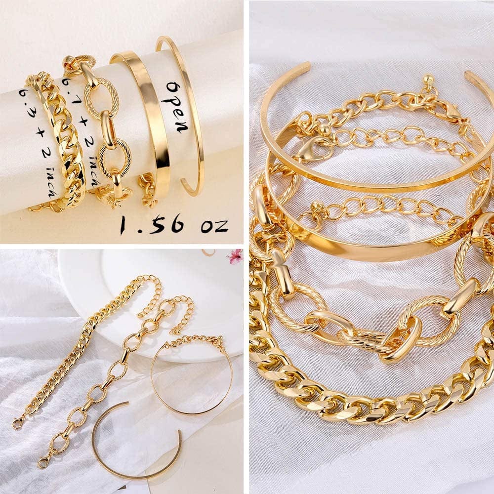 6 PACK (24 PCS) Boho Gold Chain Bracelets Set for Women Girls, 14K Gold Plated Multiple Layered Stackable Open Cuff Wrap Bangle Adjustable Link Italian Cuban Jewelry for Women Girls Gift…