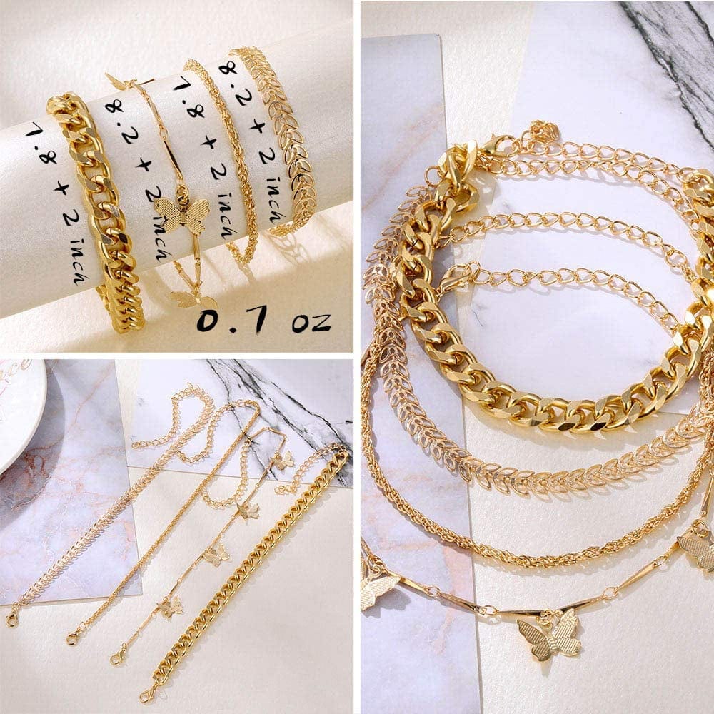 6 PACK (24 PCS) Boho Gold Chain Bracelets Set for Women Girls, 14K Gold Plated Multiple Layered Stackable Open Cuff Wrap Bangle Adjustable Link Italian Cuban Jewelry for Women Girls Gift…