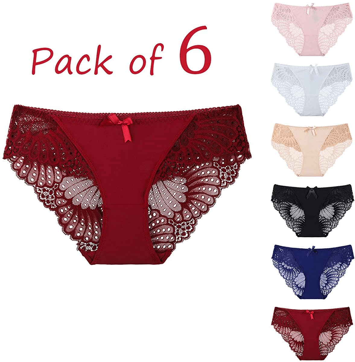 6 Pack Cheeky Underwear for Women,Hokemp Soft Stretch Briefs Low Rise Lace Bikini Panties Apparel & Accessories > Clothing > Underwear & Socks > Underwear HOKEMP   