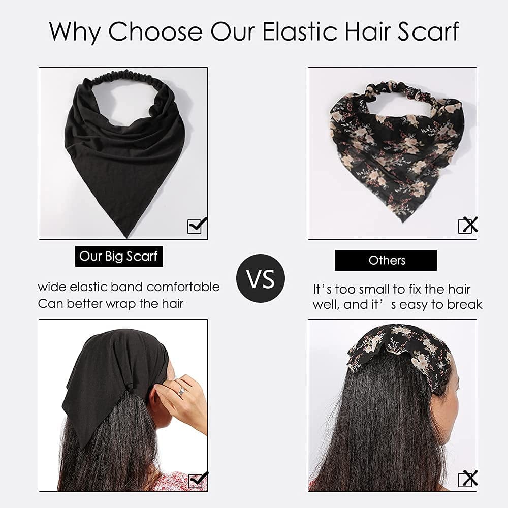 6 Pack Hair Scarf Headband for Women - Elastic Hair Kerchief Large Boho Triangle Bandana Head Scarf with Clips Non Slip Solid Color Headbands Hair Scarves for Teen Girls Apparel & Accessories > Clothing Accessories > Bandanas & Headties Vercret   